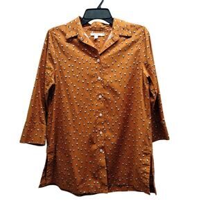 Chico's Size Small (0) US 4 Orange Button Up 3/4 Sleeves Cotton Plant Shirt